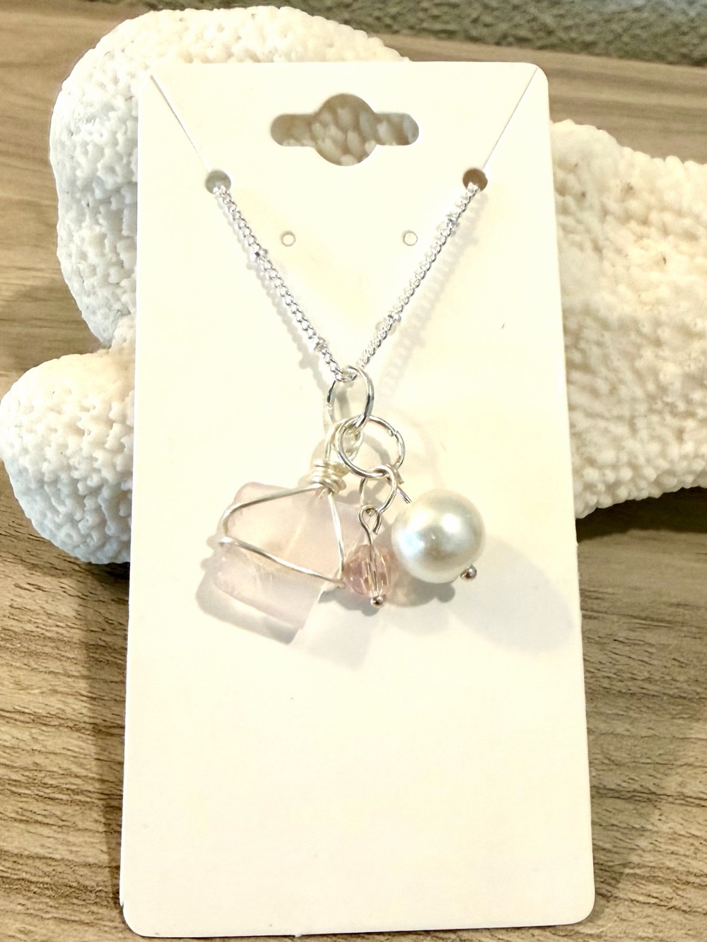 138. Delicate Pink Sea glass & Pearl Pendant Necklace - Women Jewelry